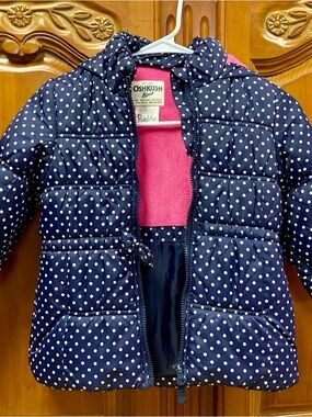 OshKosh B'gosh Navy Polka Dot Hooded Puffer Jacket with Pink Lining